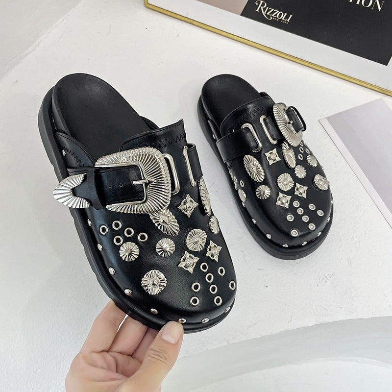 Metal Decor Ladies Leather Mules with Fur Inside