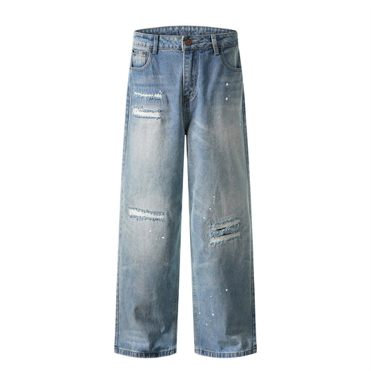 Washed Patch Cat Whisker Splatter Ink Design Jeans