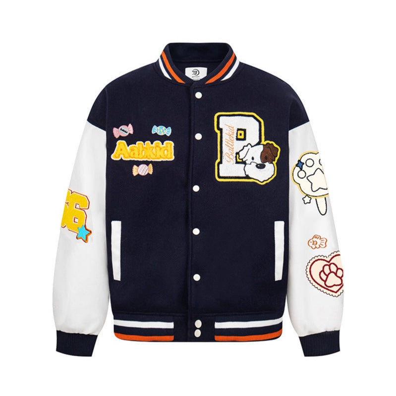 Letter Embroidery Color-blocked Thick Baseball Jacket Casual Terry Cloth Coat