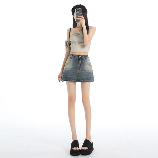 High-Waisted Vintage Denim Skirt A-Line Women's Non-Transparent Spicy Girl Bodycon Denim Short Skirt