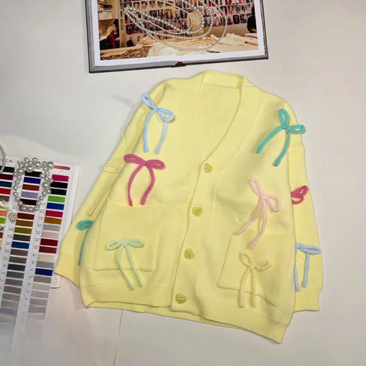 Colorful Three-Dimensional Bow Sweater Cardigan for Girls