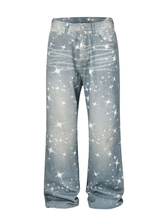 Washed Rhinestone Star Print Jeans - Harajuku Style