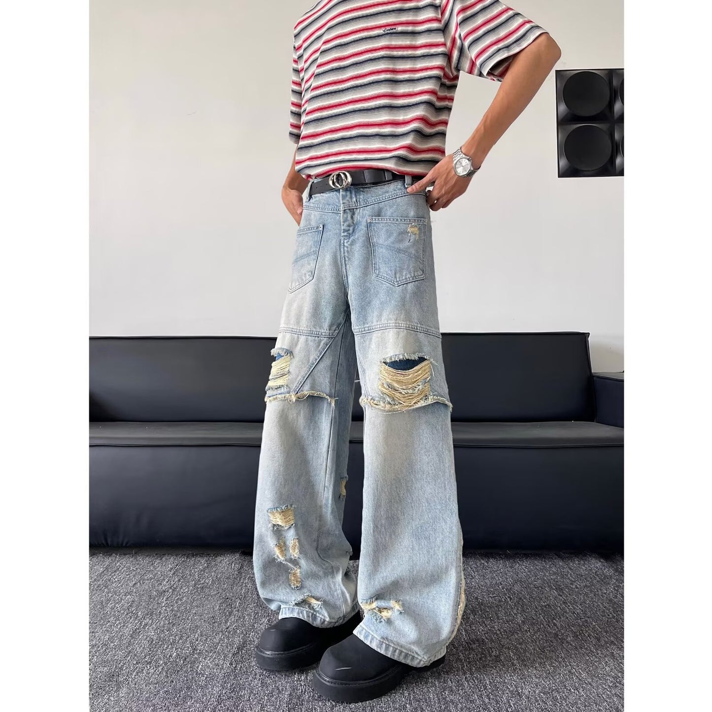 Washed Ripped Denim Wide Leg Pants