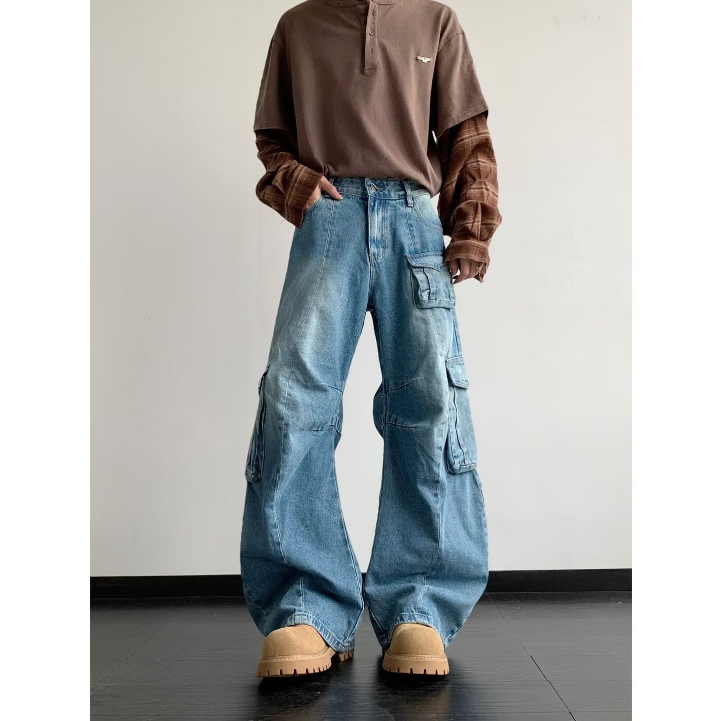 Multi Pocket Curved Knife Denim Wide Leg Pants