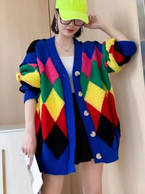 Playful Oversized Plaid Cardigan Sweater for Women