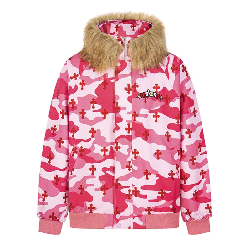 Camouflage Fur-Collar Women's Hooded Zip-Up Jacket Loose Sweatshirt Jacket