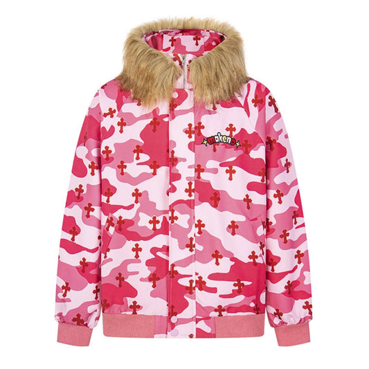 Camouflage Fur-Collar Women's Hooded Zip-Up Jacket Loose Sweatshirt Jacket