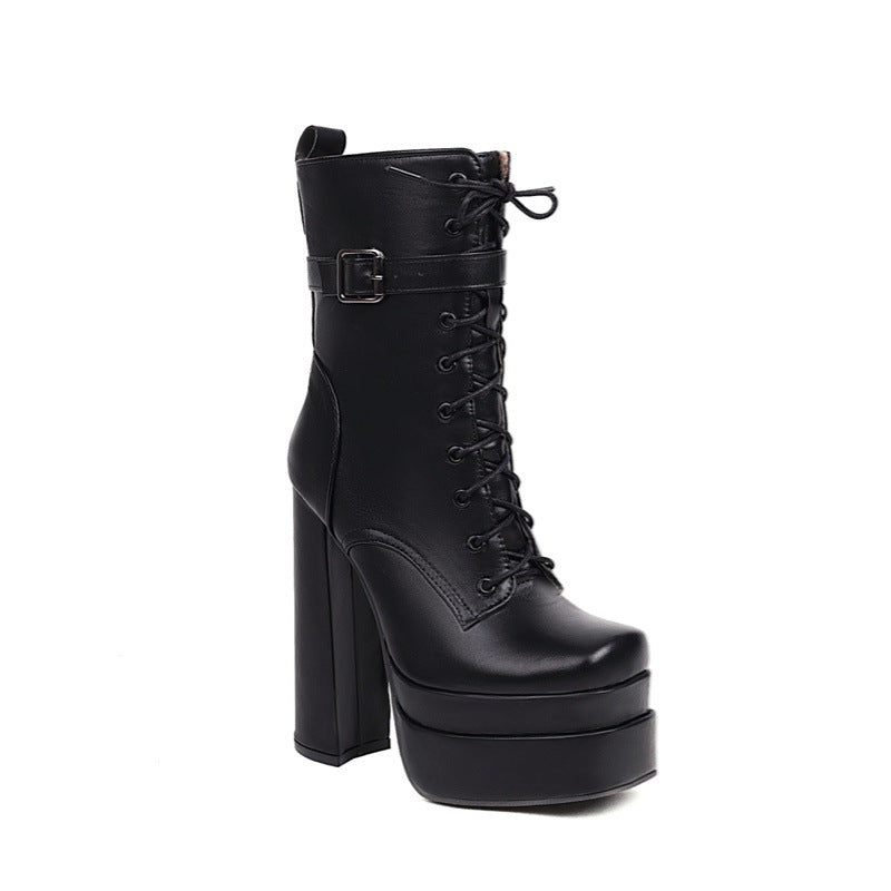 Thick Sole Square Toe Double-Layer Waterproof Platform Low Cylinder Boots