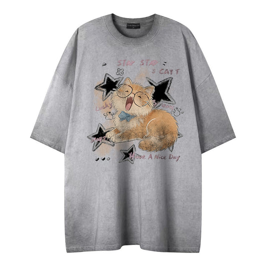 Soft and Cute Orange Cat Printed Short Sleeved Shirt - Harajuku Style Loose Fit