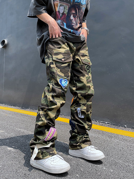 Harajuku Style Camo Cargo Pants with Embroidered Smiley Face