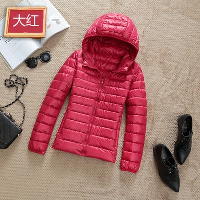 Ultra-Lightweight Slim Down Jacket for Women – Short Hooded Warm White Duck Down Coat