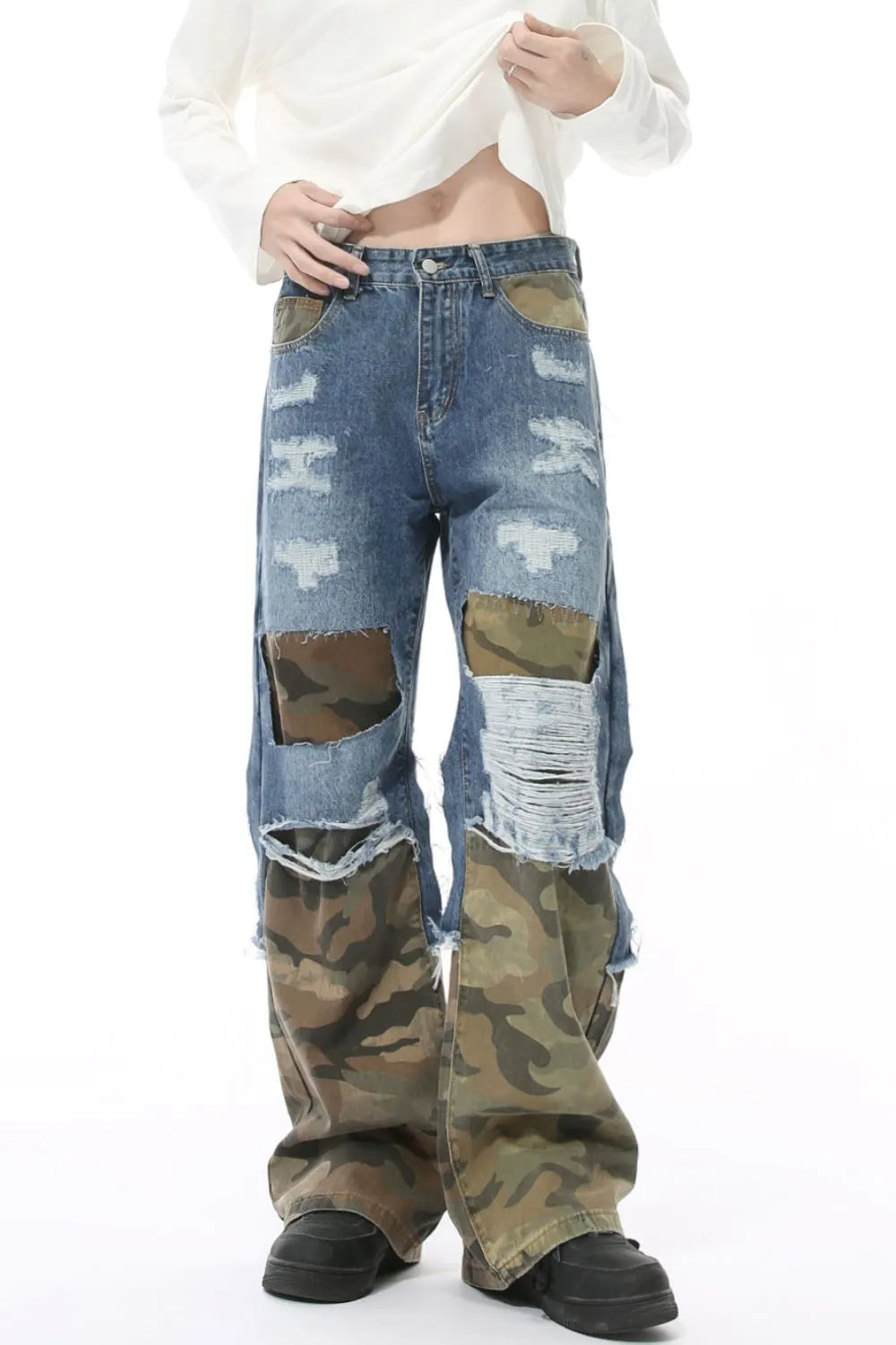 Distressed Camouflage Patchwork Jeans - Harajuku Style