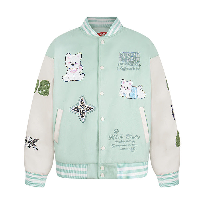 Patchwork Dog Cotton-Filled Baseball Jacket Loose Fit Unisex Outerwear