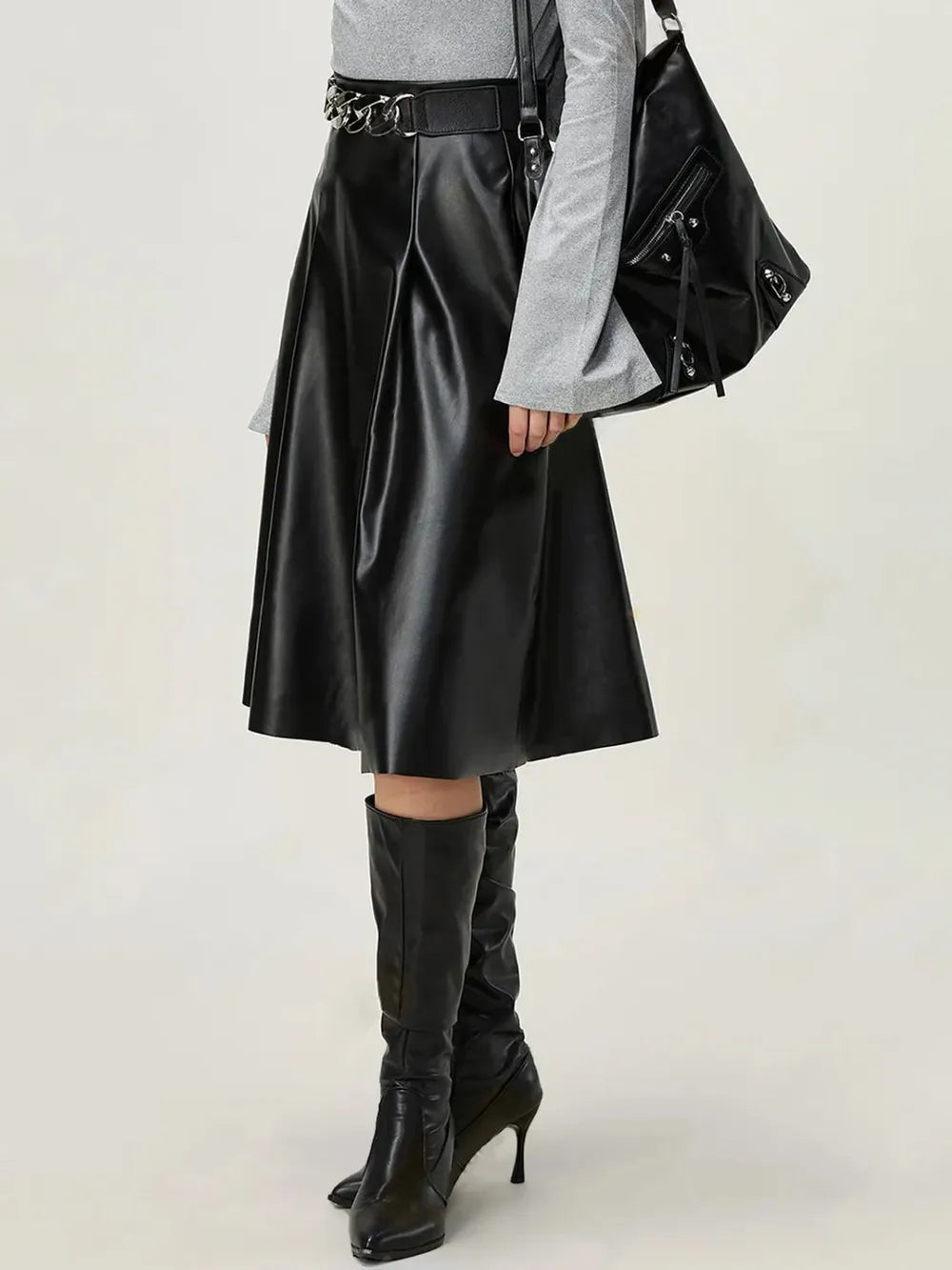 High Waist Midi Skirt with Zipper Closure