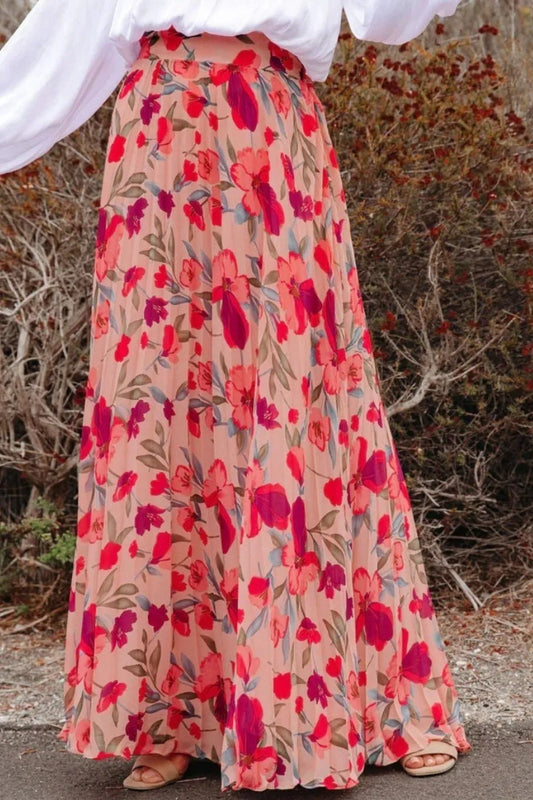 Playful Printed Elastic Waist Pleated Maxi Skirt