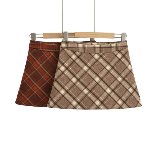 Color Blocked Plaid Wool Skirt