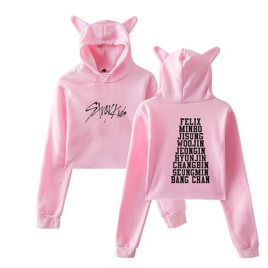 Kawaii Cat Ears StrayKids Cropped Hoodie for Women