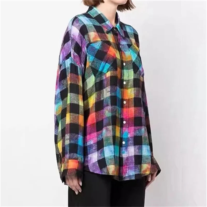 Rainbow Plaid Women’s Blouse - Harajuku Style