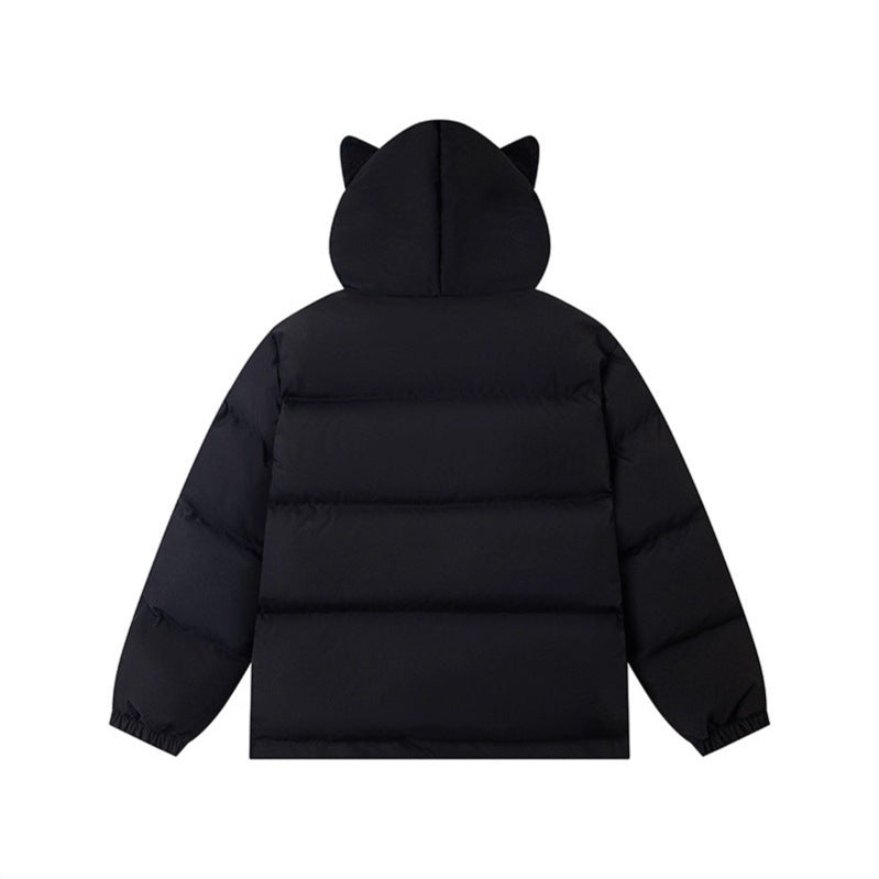 Hooded Cotton Coat Loose Fit with Embroidered Dog Warm Puffer Jacket