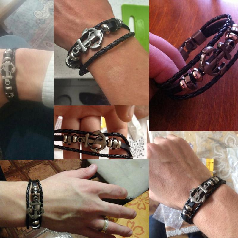 Harajuku Black Braided Leather Anchor Bracelet for Men