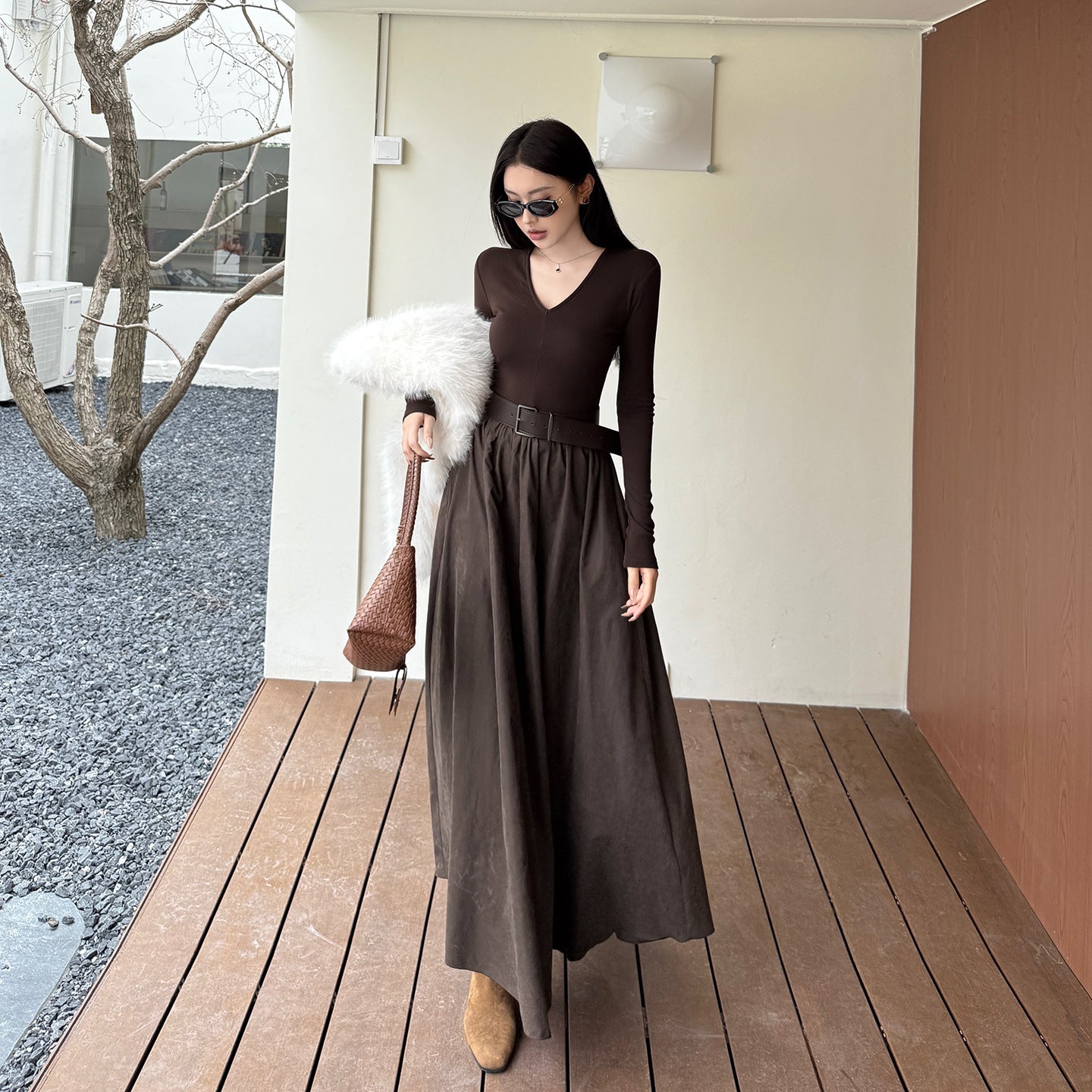 V-neck Long Sleeve Dress with Wide Waistband