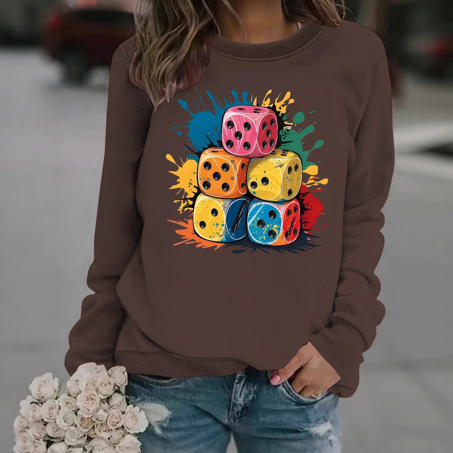 Splash Pattern Printed Stacking Block Hoodie with Round Neck