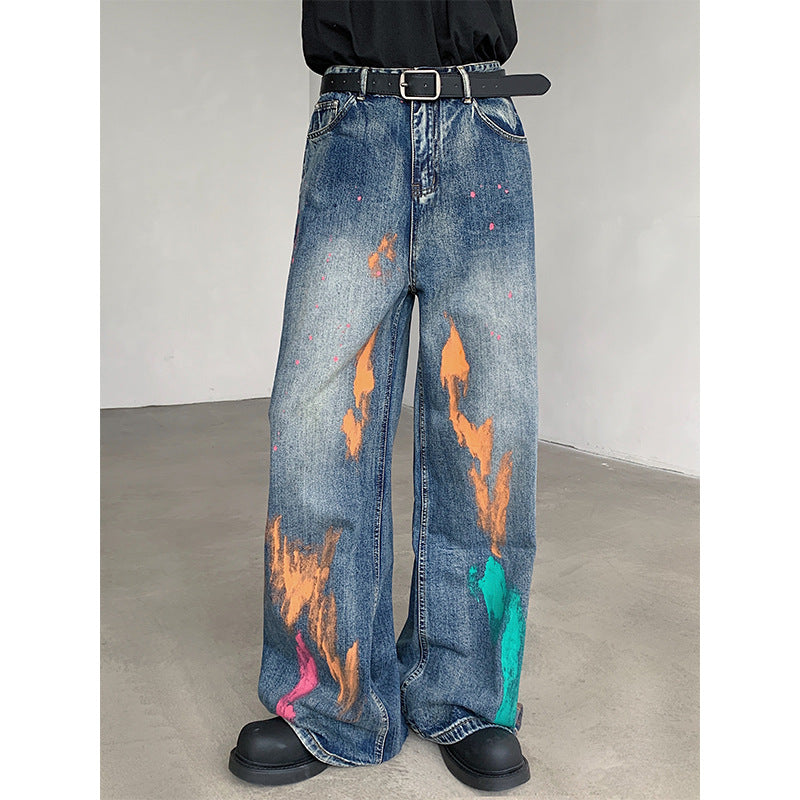 Painted Denim Wide Leg Pants for Men