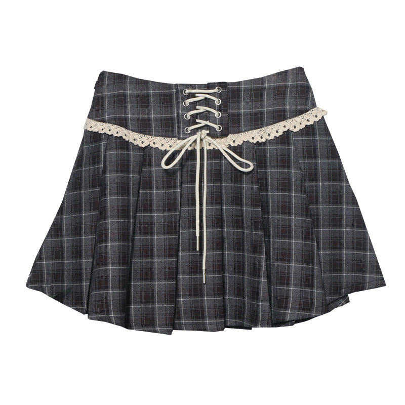 Checkered Midi Skirt with Women's Lace Edge Decoration and Lace-Up Detail, Pleated Short Skirt