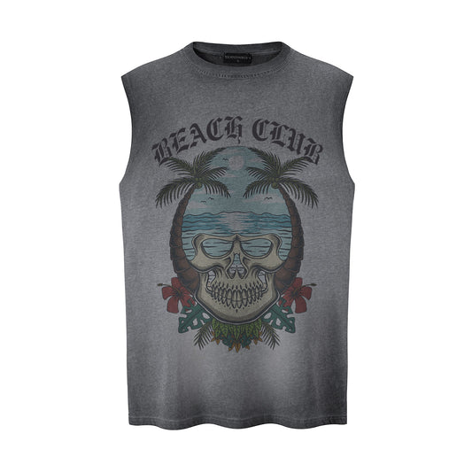 Beach Skeleton Printed Tank Top — Harajuku Style Loose Cotton Blend Tank (Purple, Grey)