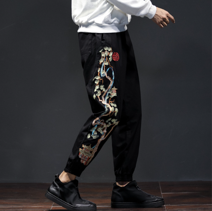 Harajuku Style Chinese Embroidered Loose Casual Trousers