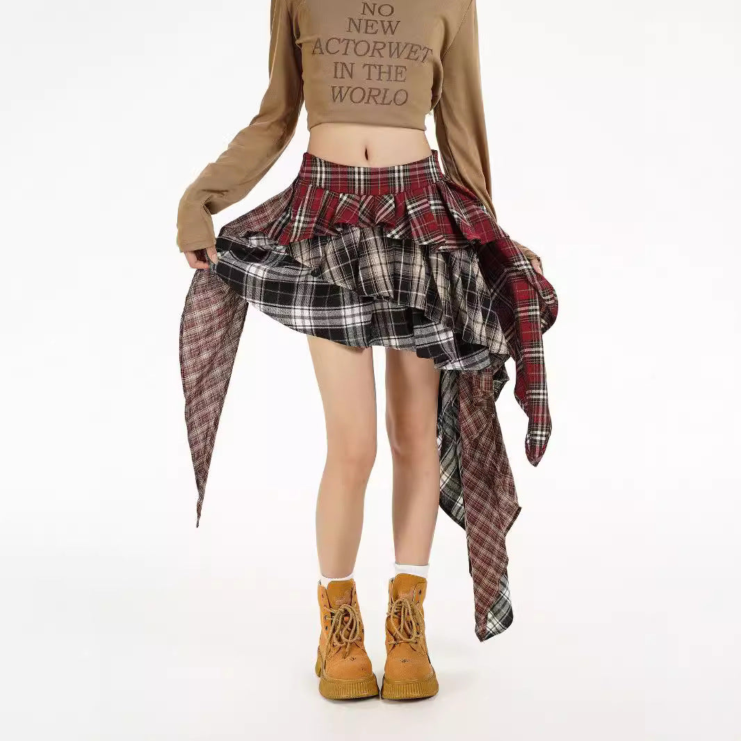 American Retro Patchwork Skirt for Women - Spicy Girl Style, Fashionable Irregular Short Skirt