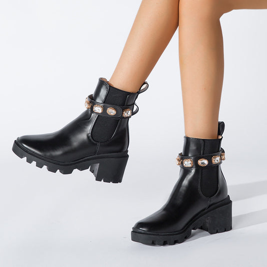 Rhinestone Round Head Mid-Thigh Elastic Boots for Women