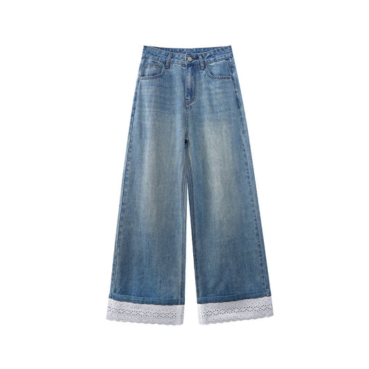 Lace Curled Edge Wide Leg Straight Leg Jeans for Women