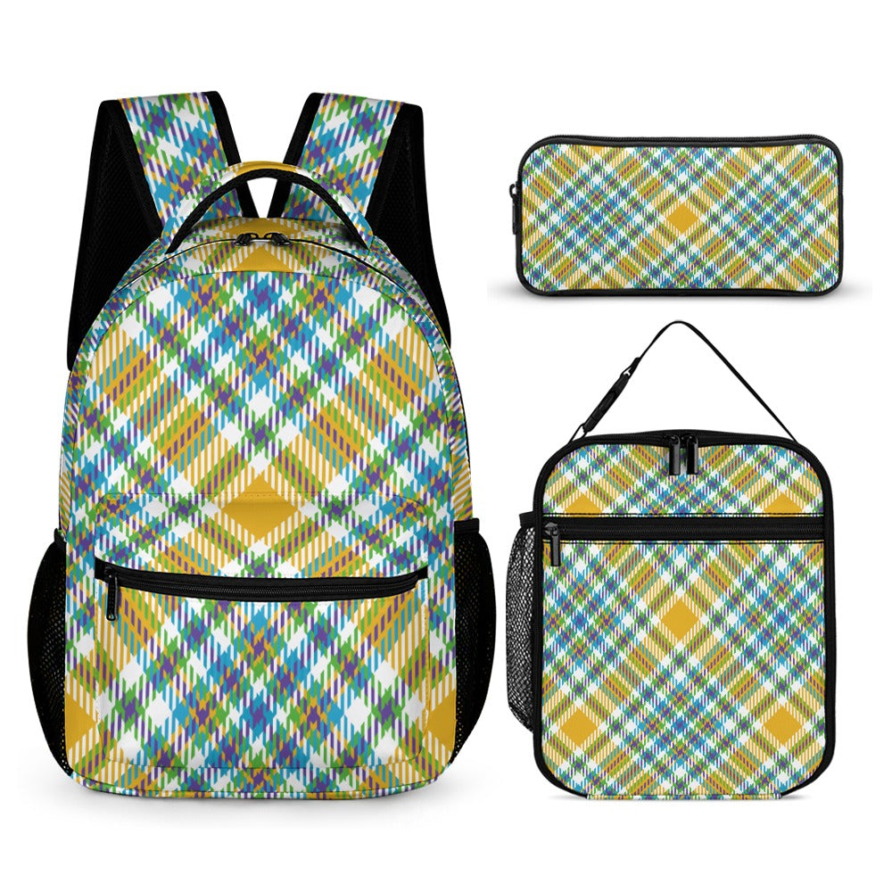 Yellow Plaid Three-Piece Backpack Bag Set