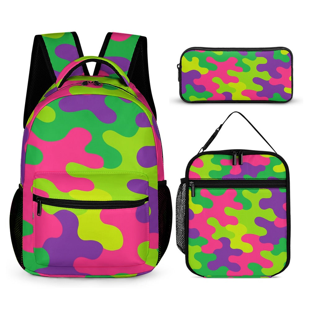 Neon Camo Three-Piece Backpack Bag Set Combination