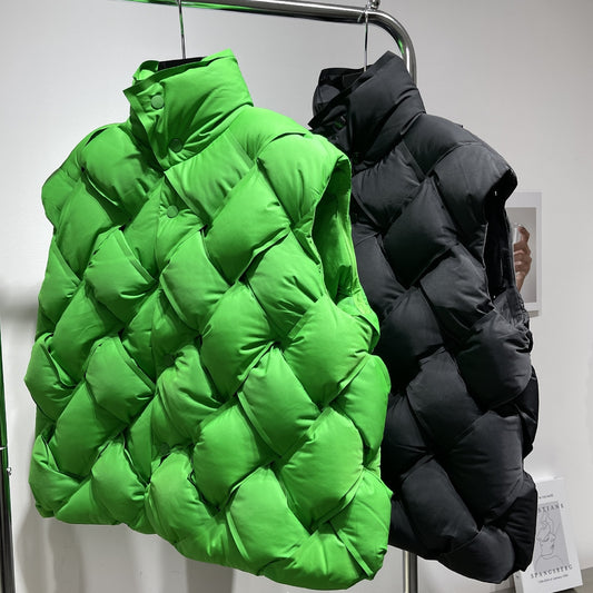 Woven Pattern Green Down Vest - Harajuku Style