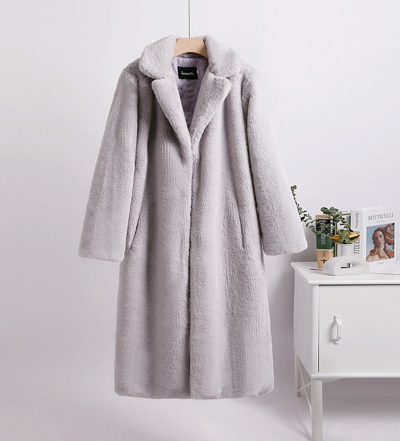 Mid-Length Mink Velvet Faux Fur Coat with Furry Collar