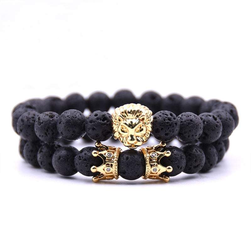 King Lion Couple Bracelet with Natural Stone Beads