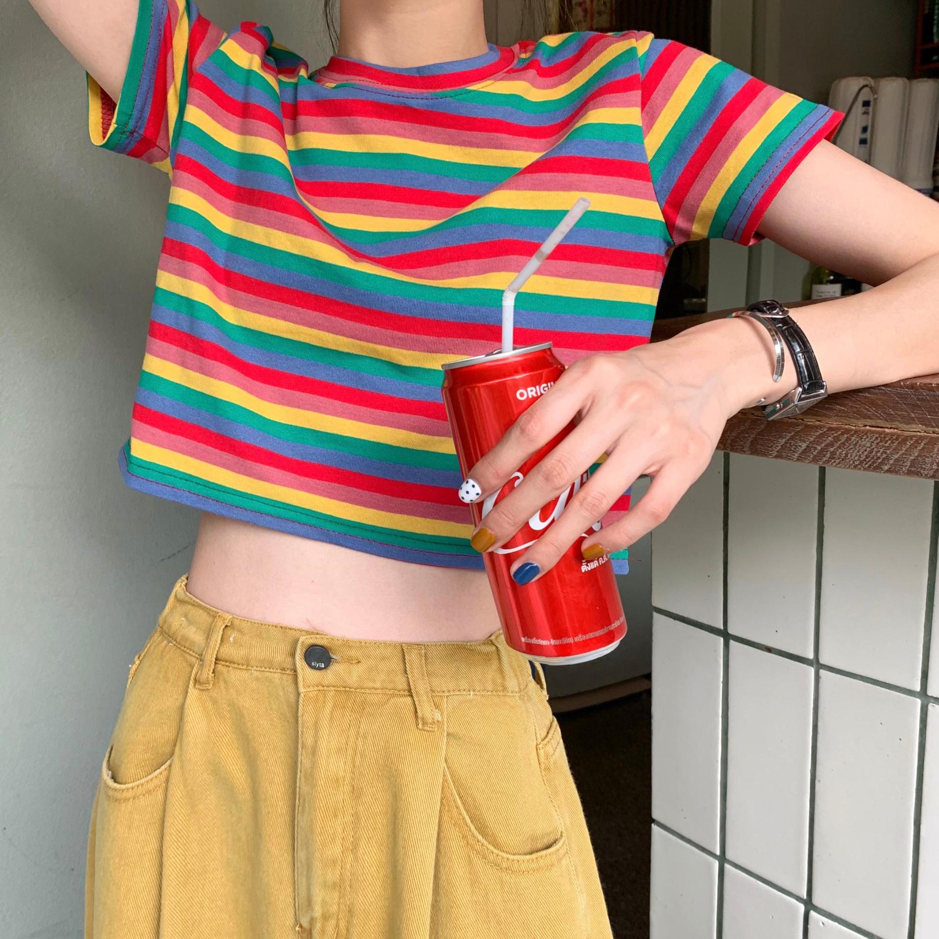 Cec Loose Rainbow Stripe Short Sleeve T-Shirt for Women – Insta-Trendy Summer Crop Top