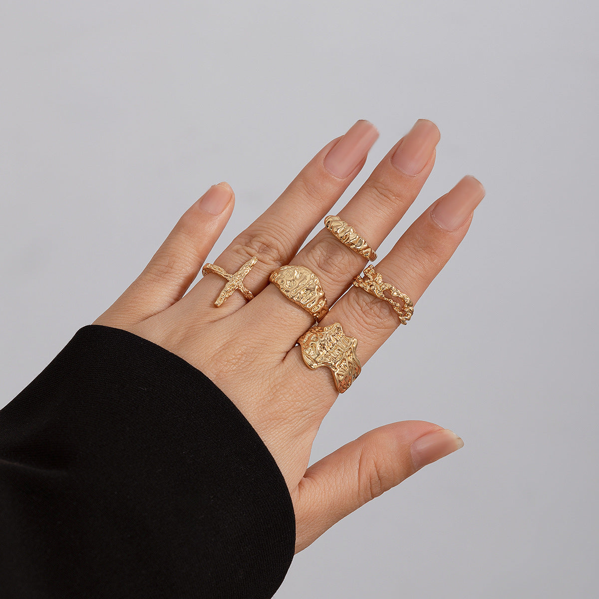 Geometric Metal Lava Line Ring Set - Harajuku Style
