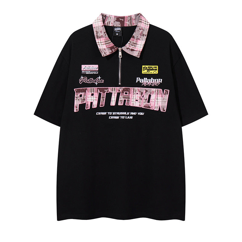 Embroidered Letter Polo Collar Half-Zip Short Sleeve T-Shirt for Men and Women - High Street Unique Trendy Couple Half Sleeve Top