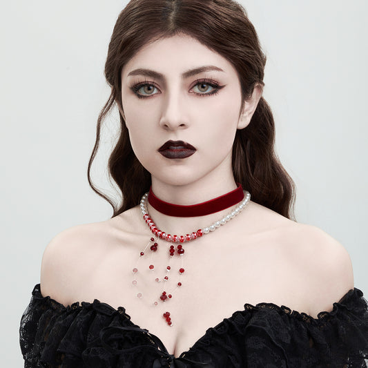 Gothic Pearl Choker Necklace with Blood Drop Tassel