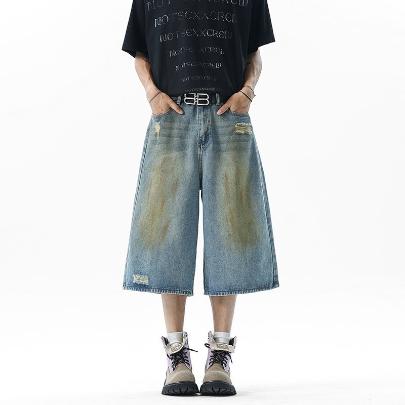 Playful Vintage Denim Shorts - Loose Wide Leg Pants