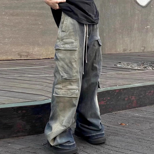Harajuku Style Gradient Ribbons Multi-Pocket Drawstring Jeans