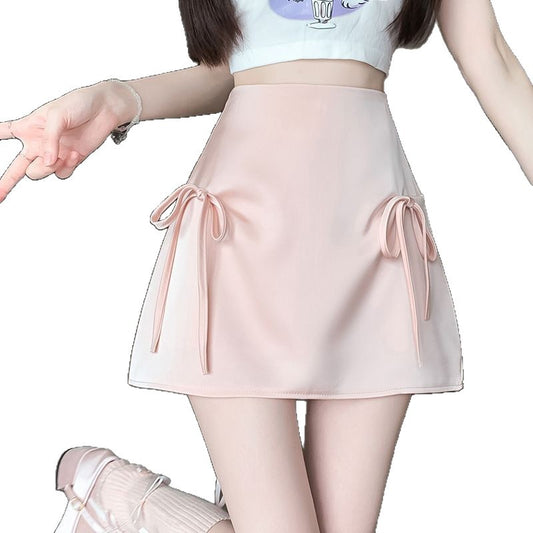 Sexy Style Satin Belted High-Waisted Skirt for Women with Bowknot Bodycon Mini Design