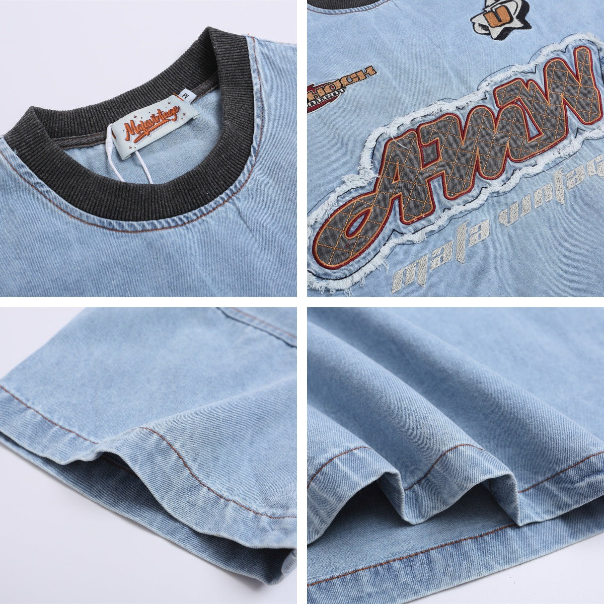 Washed Color Block Letter Patch Embroidery Denim T-Shirt