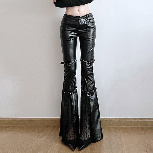 Lace Patchwork Leather Flared Pants