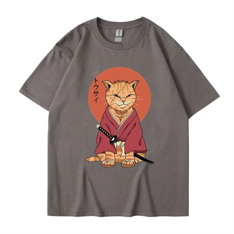 Cute Ninja Cat Print T-Shirt for Men and Women, Cool Summer Short Sleeved Round Neck T-Shirt