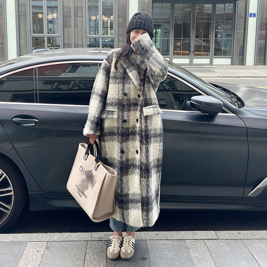Korean Retro Plaid Woolen Coat for Women