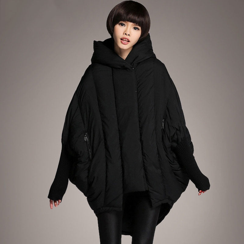 Mid-Length Women’s Duck Down Hooded Cloak Jacket
